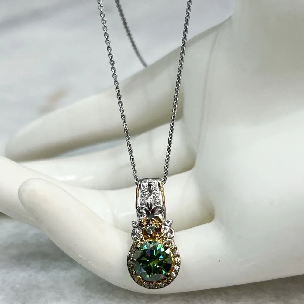 Green and White Moissanite Green Sapphire Sterling Silver Pendant 20” Necklace - Picture 4 of 11